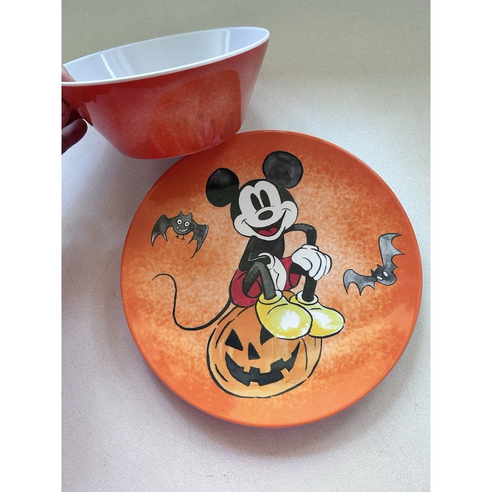 Pottery Barn Kids PBK Mickey Mouse Disney Plate & Bowl Halloween Pumpkin CUTE! - Picture 2 of 6